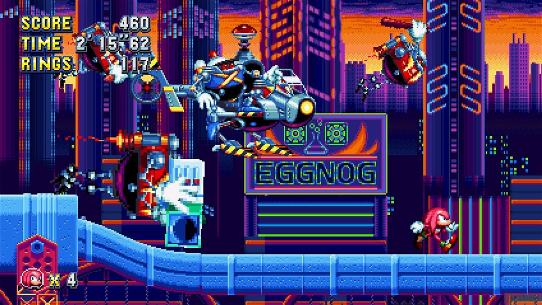 Postać Sonic biegnie po niebieskiej platformie przed futurystycznymi budynkami.