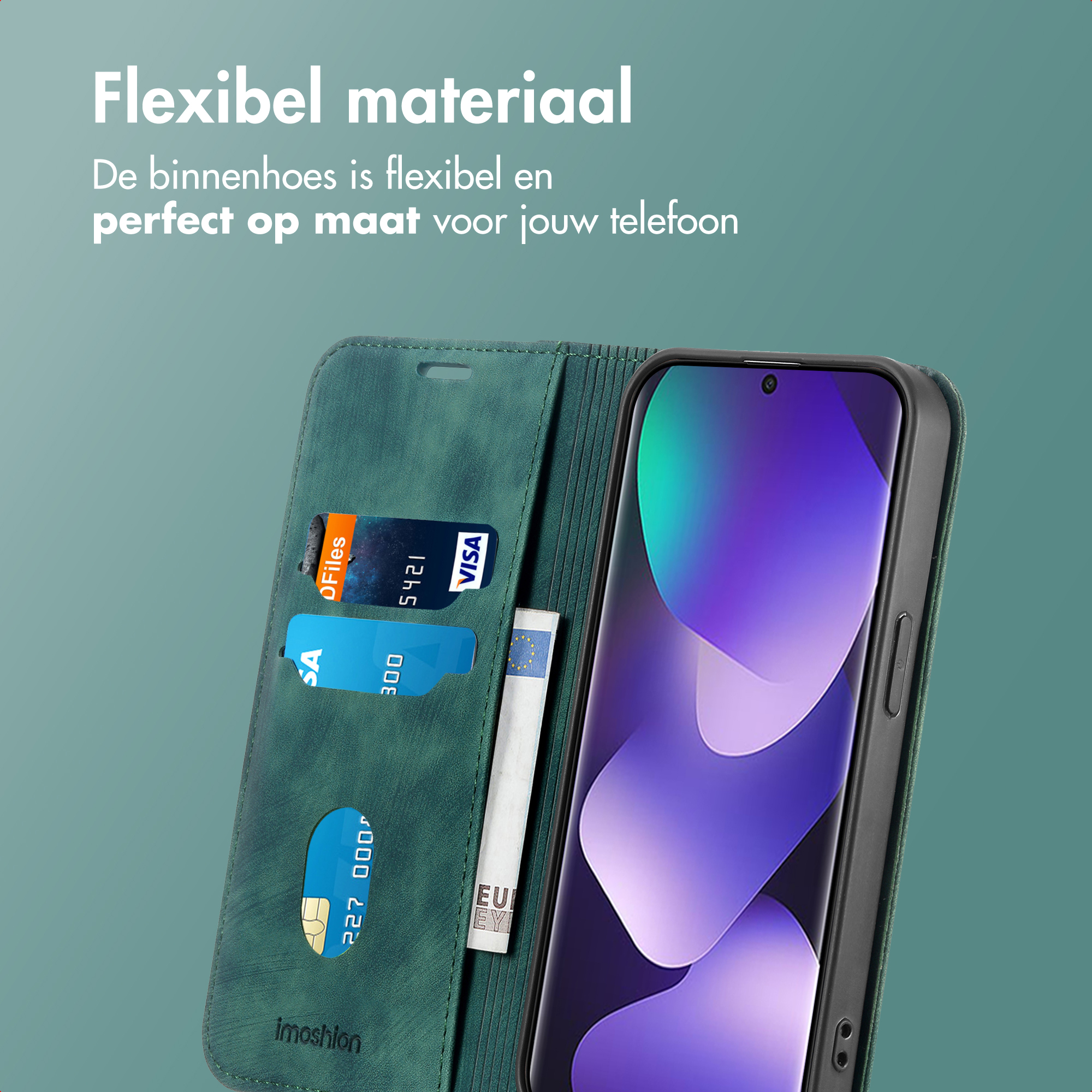 Étui de téléphone vert avec fentes pour cartes, poche à billets et téléphone.