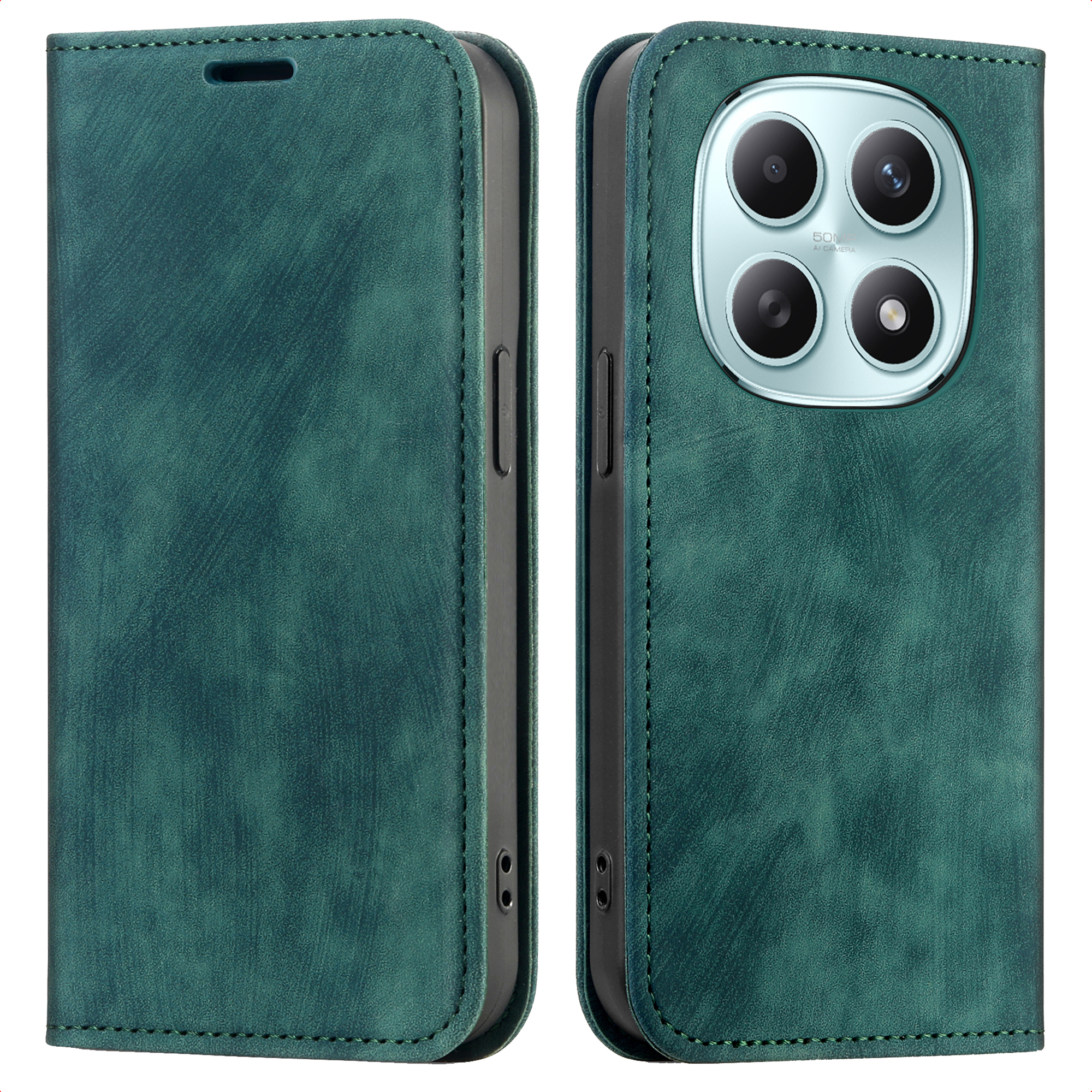 Étui de téléphone vert avec quatre caméras et surface texturée.