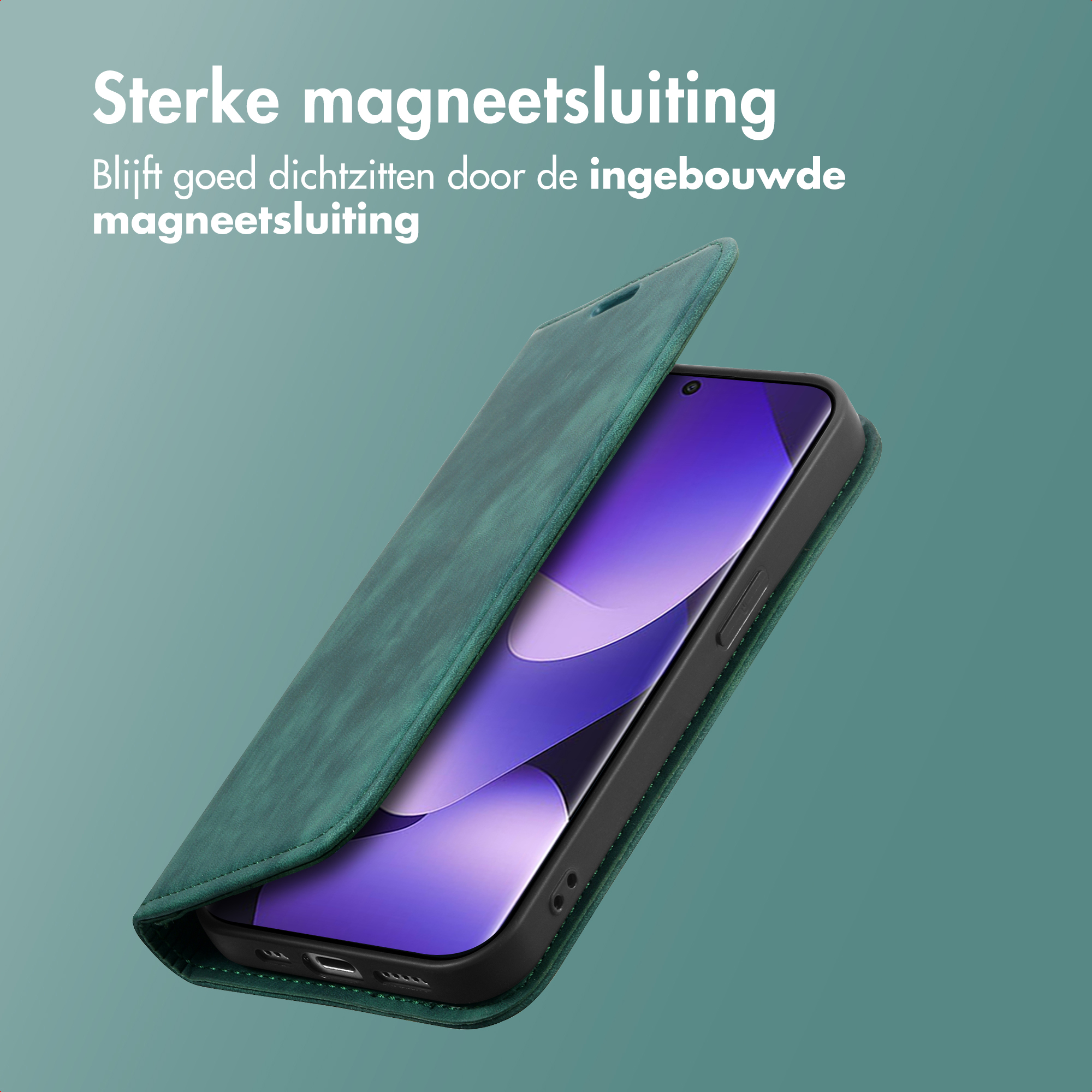 Coque de téléphone verte avec couvercle fermé, écran visible.