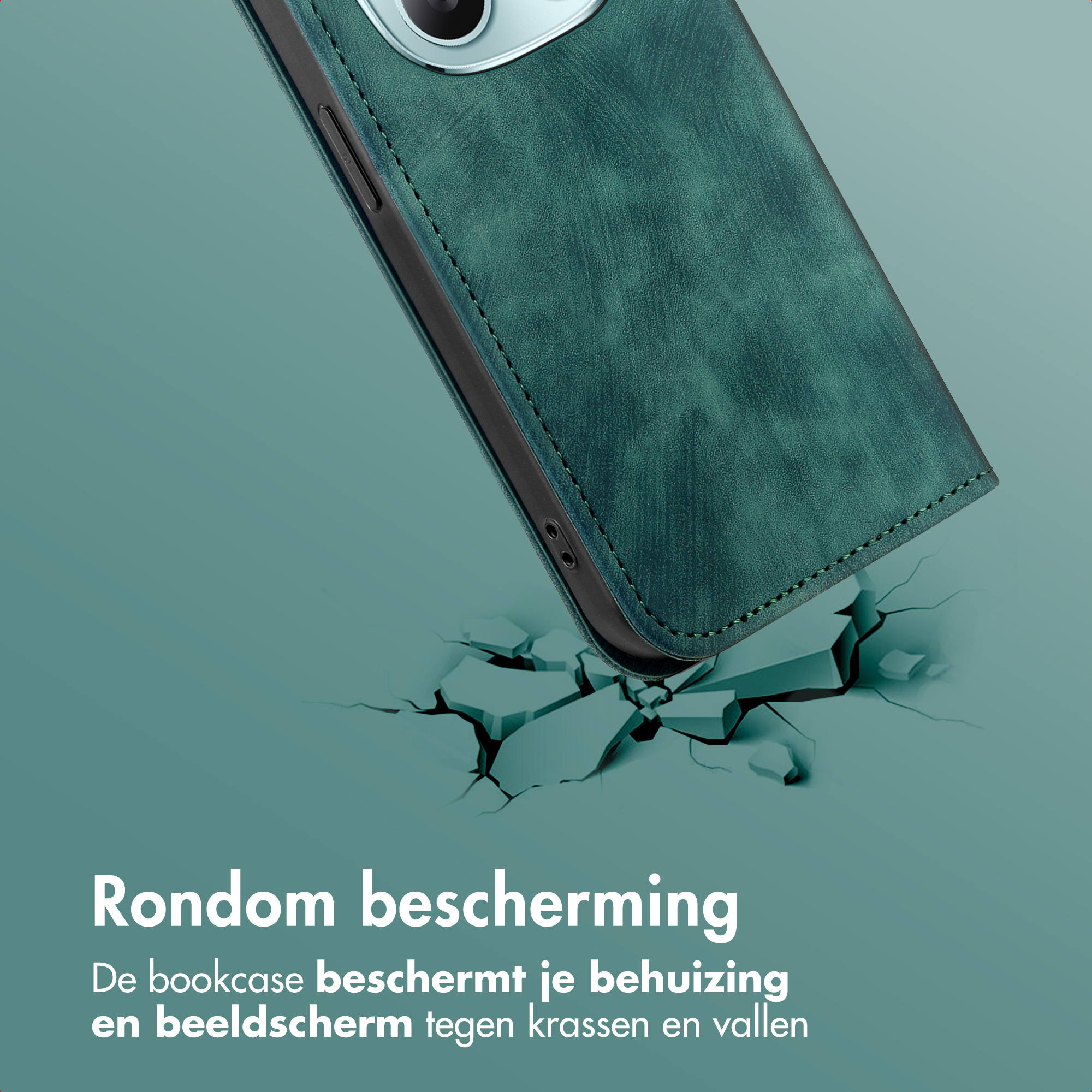 Coque de téléphone verte tombant sur sol fissuré. Résistance choc.