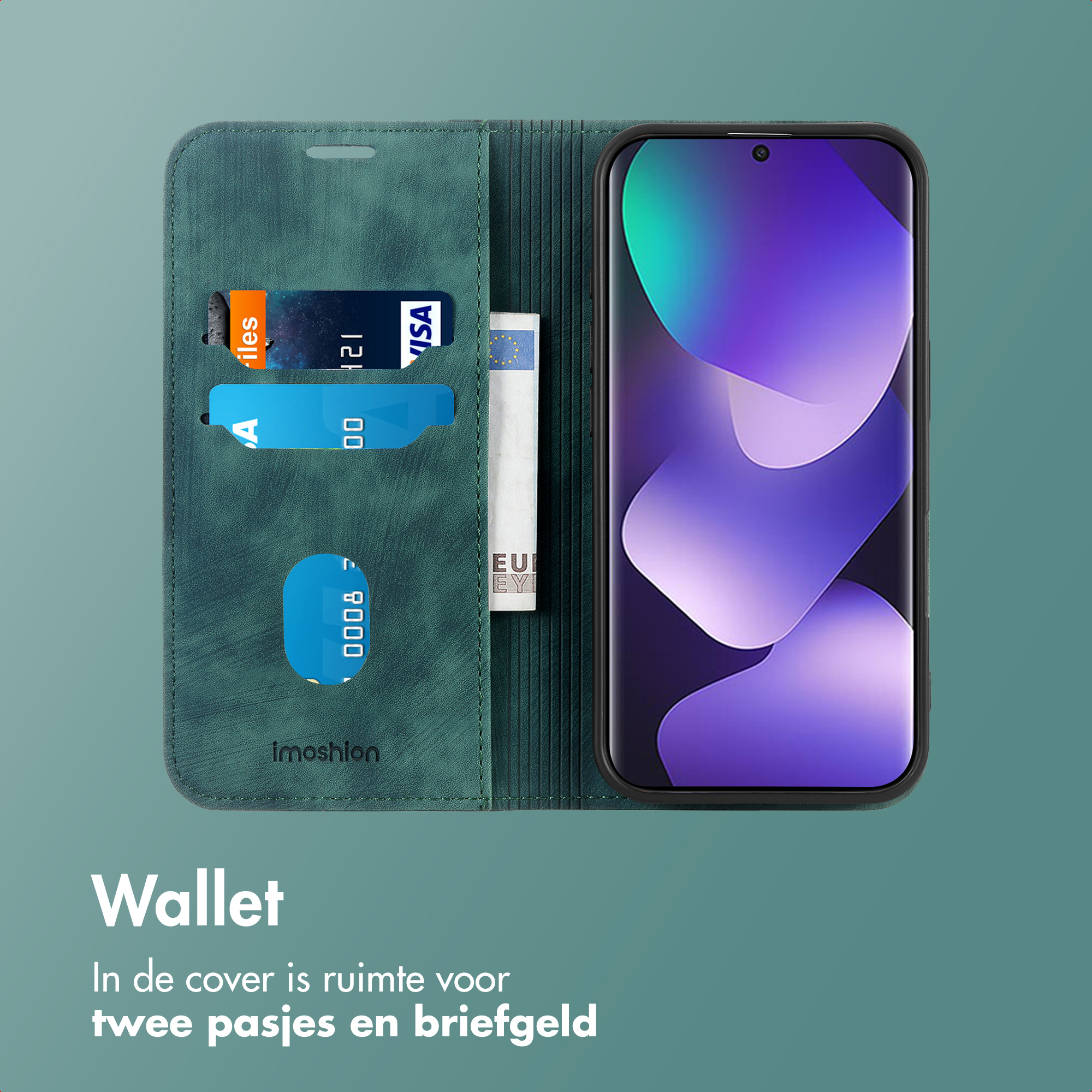 Étui portefeuille vert pour téléphone avec cartes et téléphone à écran violet.