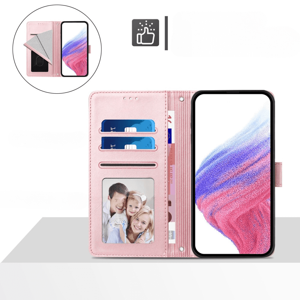 Custodia rosa per telefono con slot per carte, foto di famiglia, schermo.