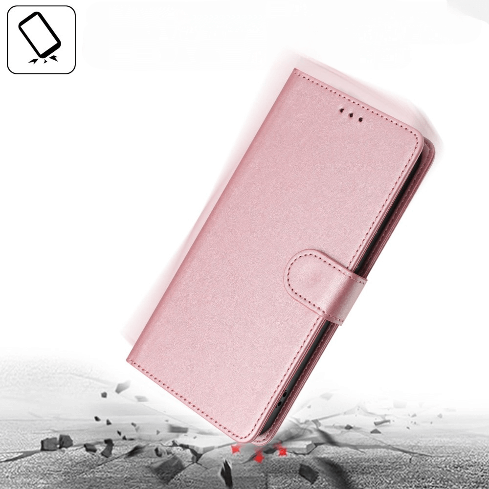 Custodia rosa a libro per telefono che cade sulle rocce.
