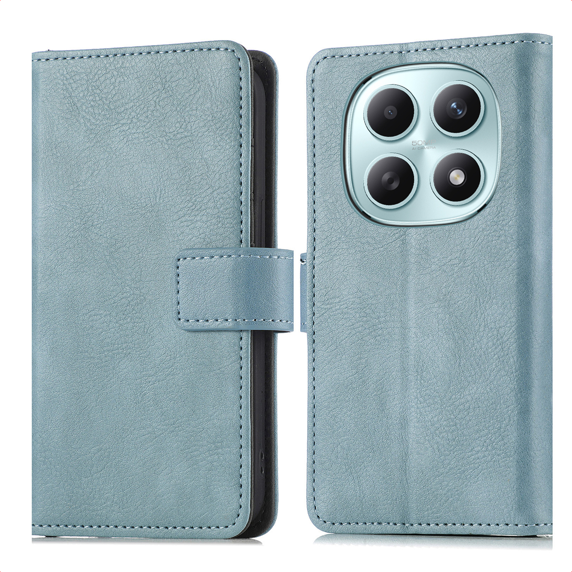 Blauw telefoonhoesje met camera-opening en magneetsluiting.