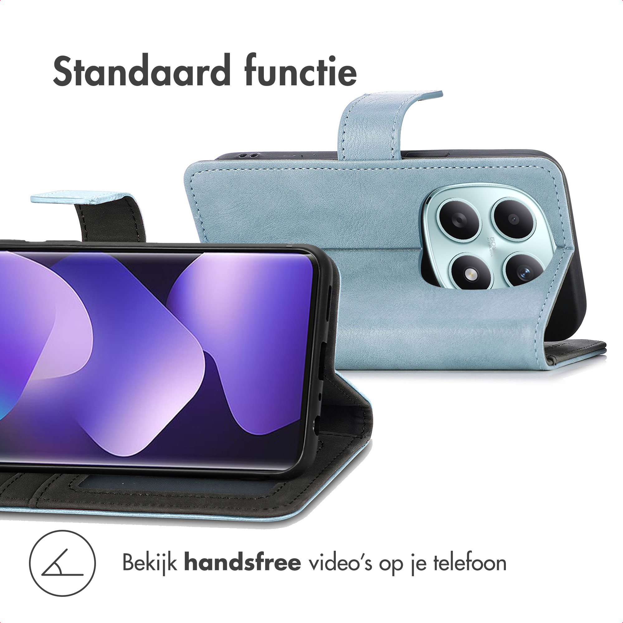 Een lichtblauw telefoonhoesje met standaardfunctie toont een telefoon met paars scherm.