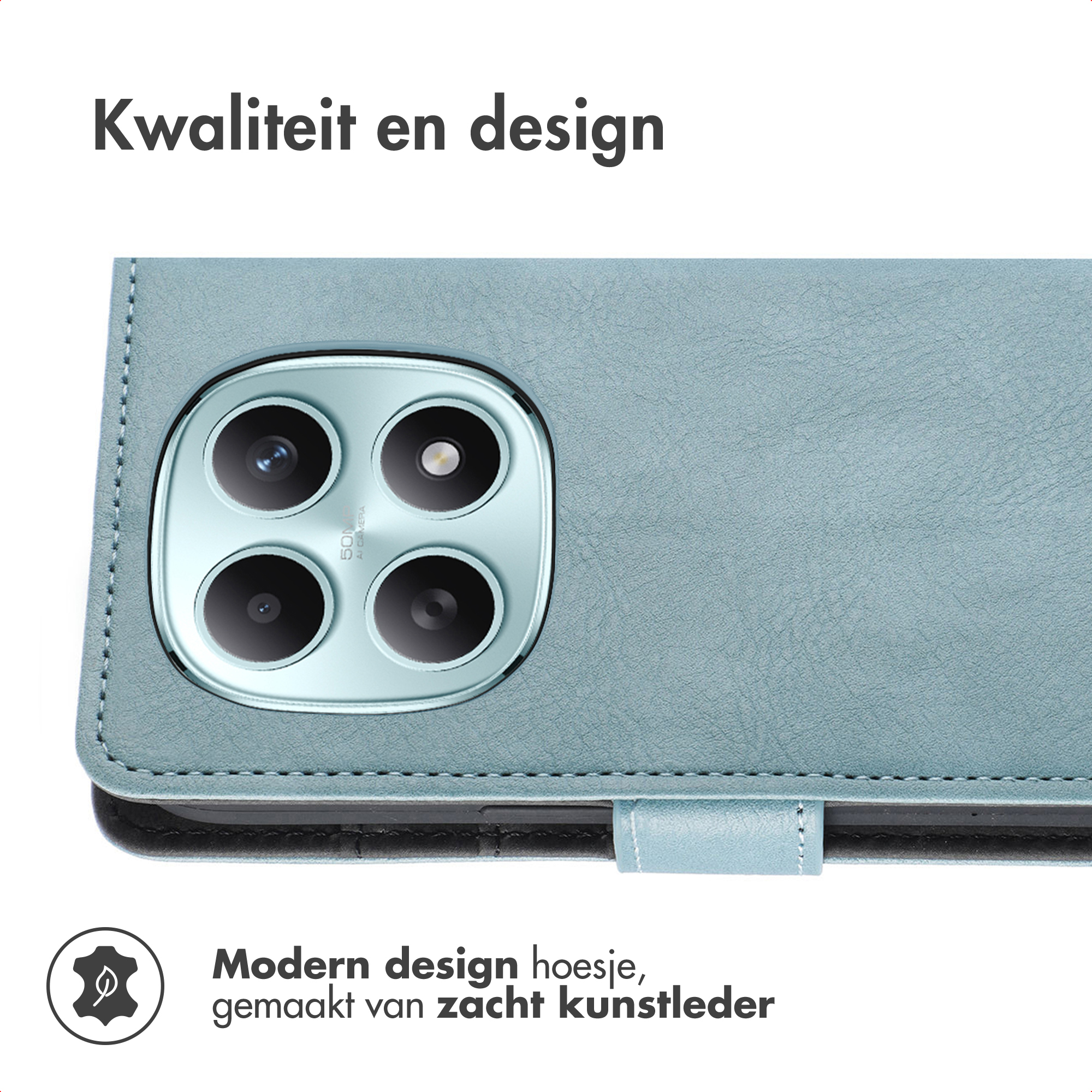 Lichtblauwe telefoonhoes met camera-uitsparing en 'Modern design' tekst.