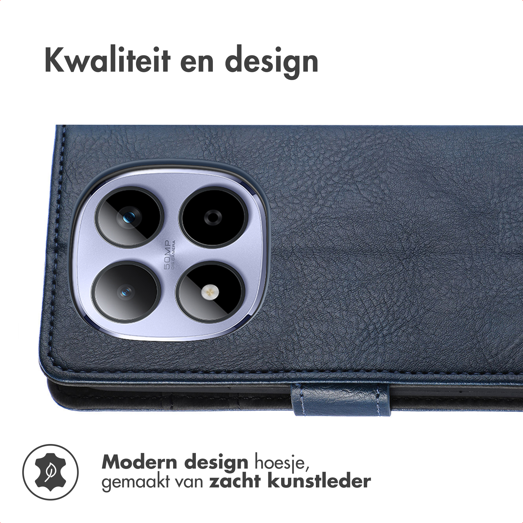 Étui de téléphone bleu foncé en similicuir avec découpe caméra et texte.