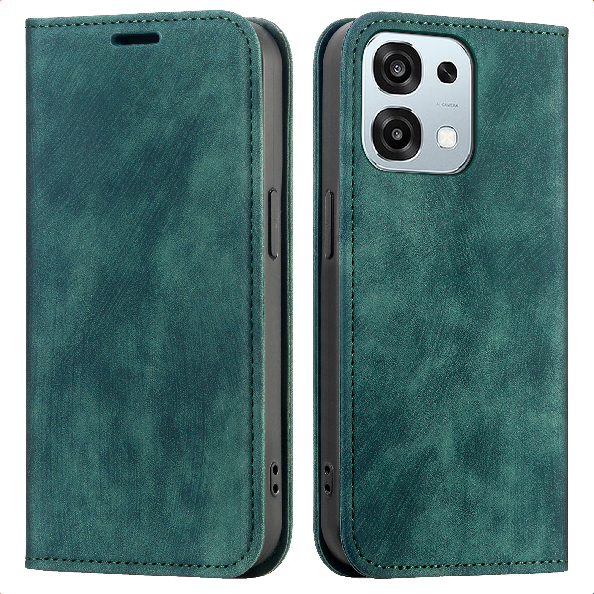 Étui de téléphone vert avec ouverture caméra et coutures, ouvert et fermé.