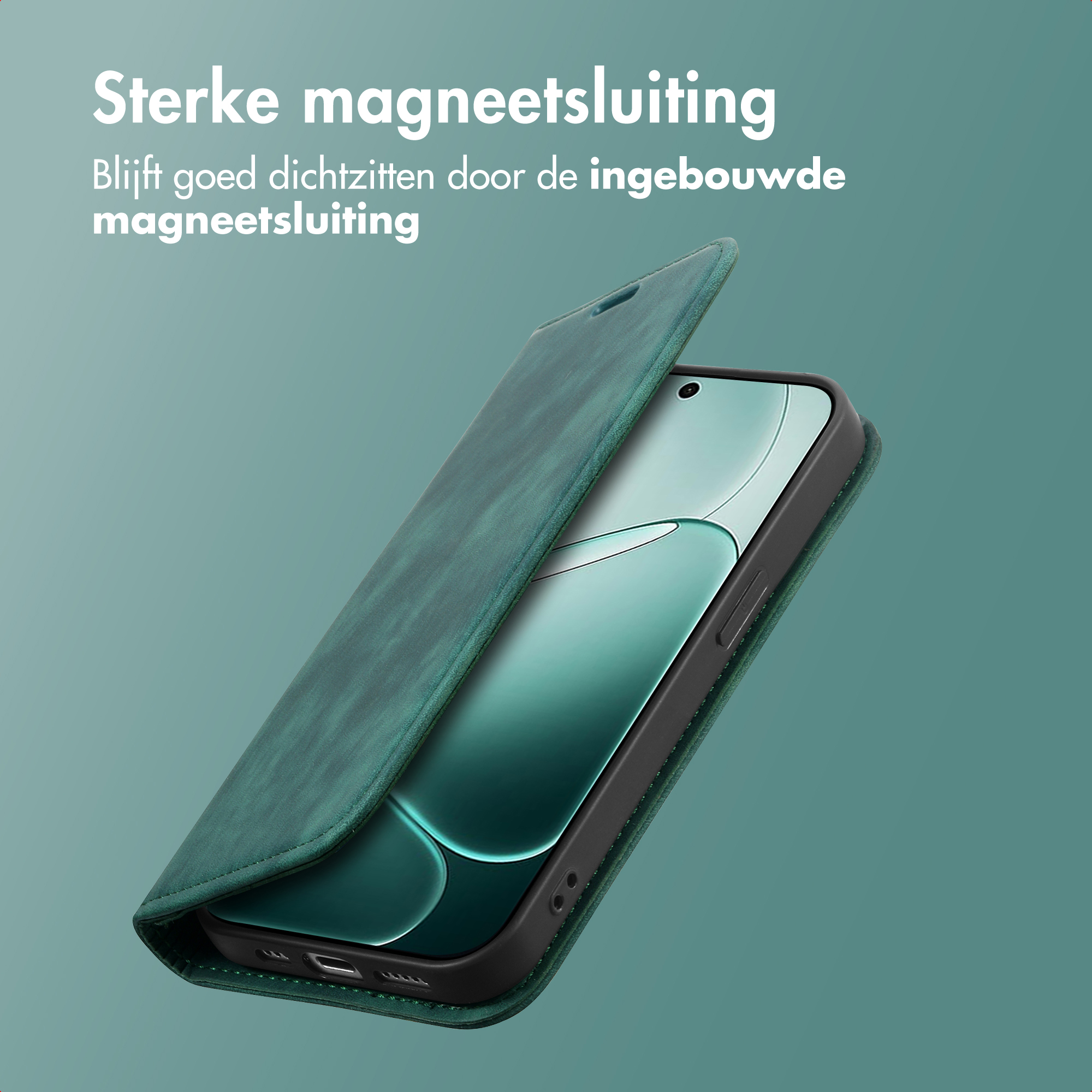 Étui de téléphone en cuir vert à fermeture magnétique, ouvert, montrant le téléphone.