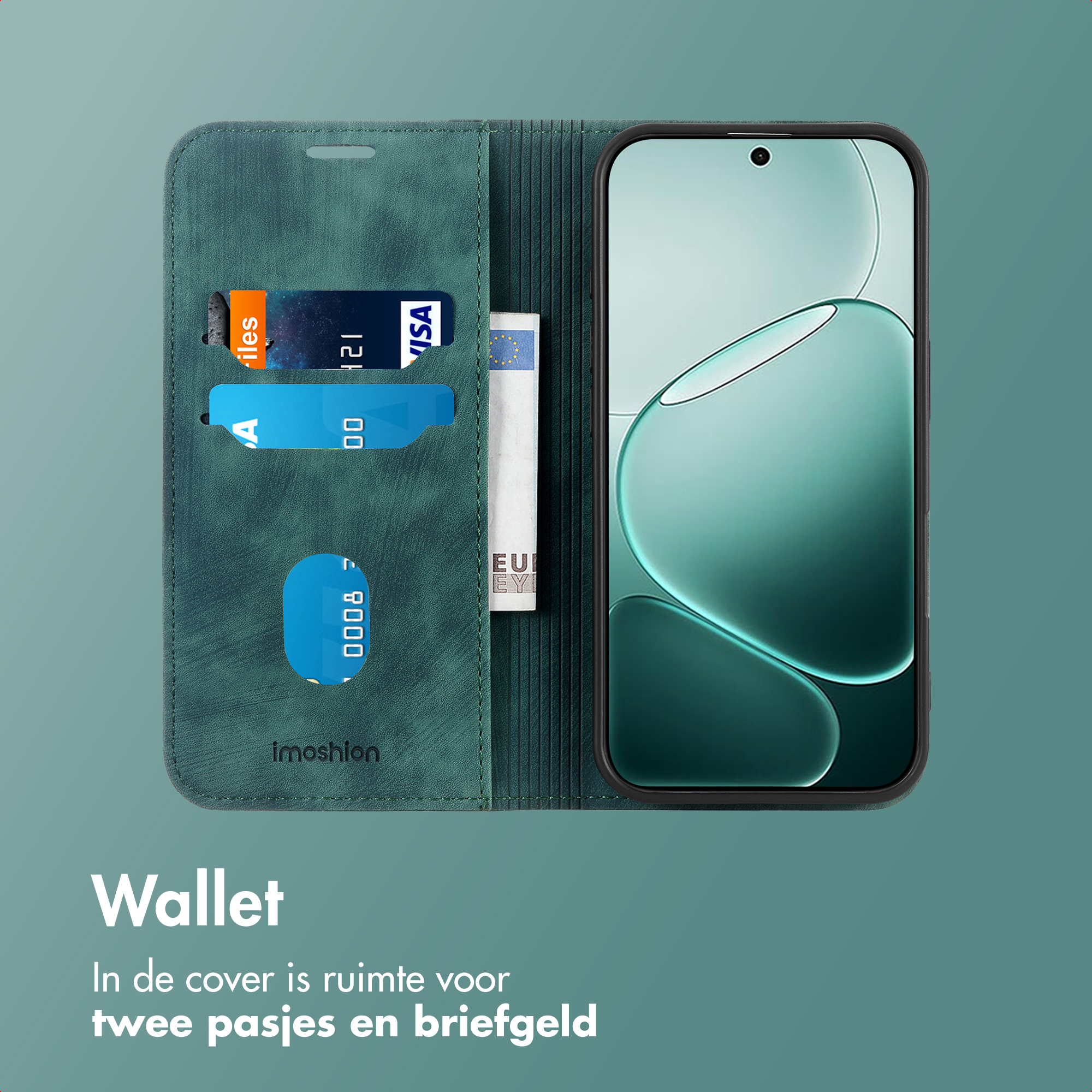 Un portefeuille bleu sarcelle ouvert, montrant des emplacements pour cartes et espèces à côté d'un téléphone.