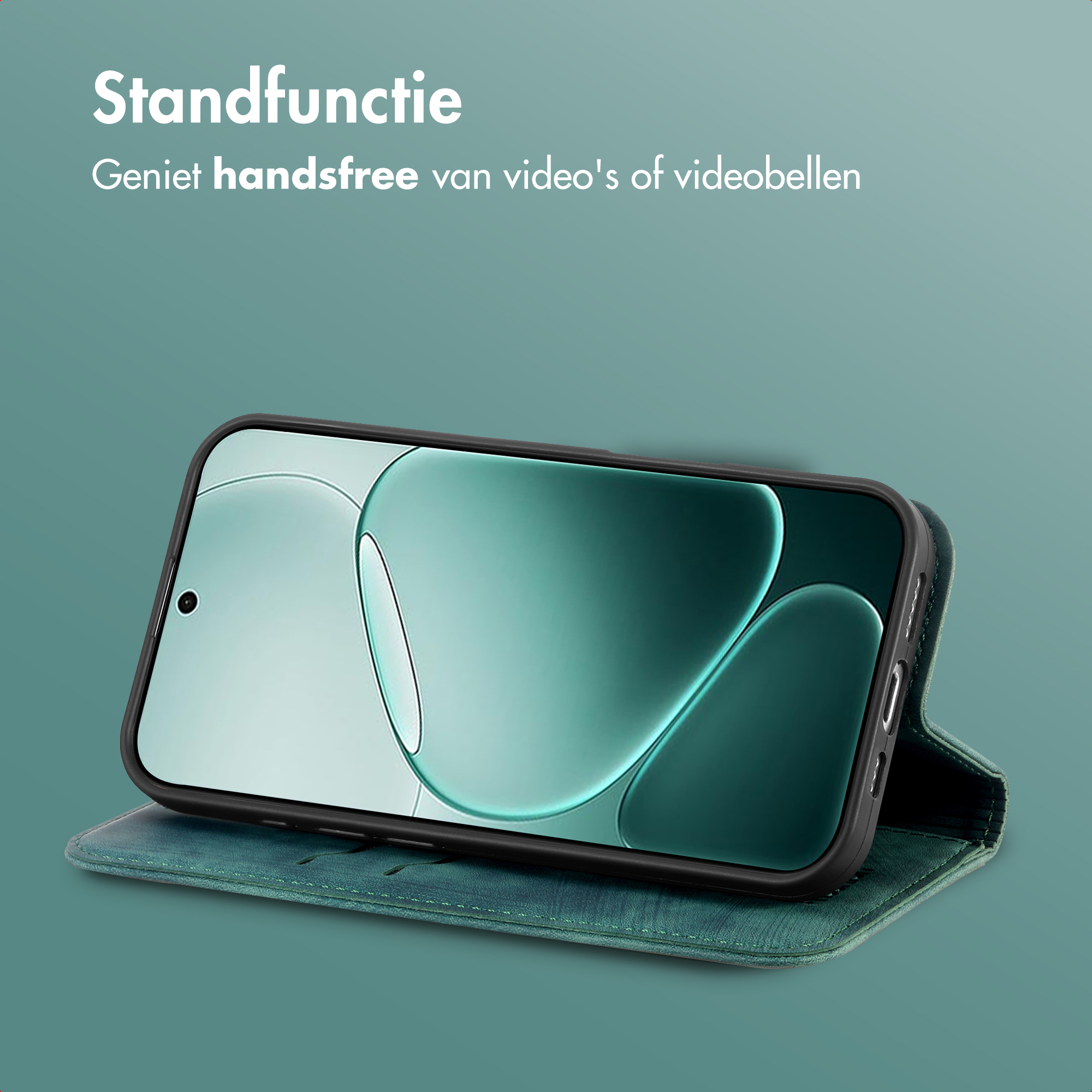 Un smartphone dans un étui vert, posé pour une visualisation mains libres.