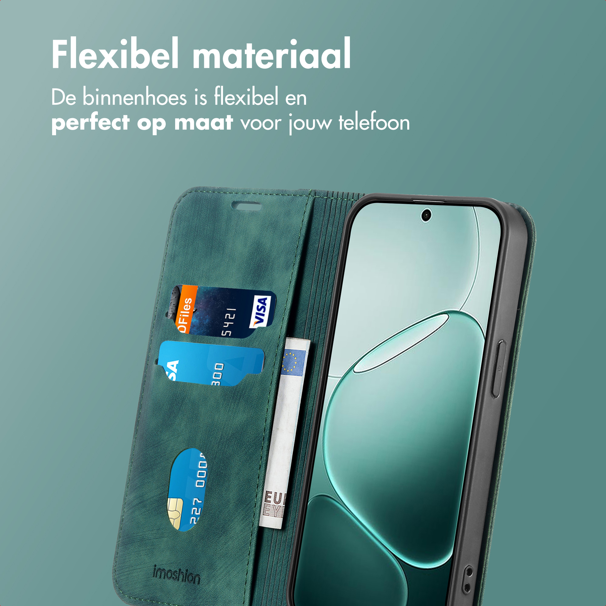Coque de téléphone verte avec fentes pour cartes, un billet et un téléphone.