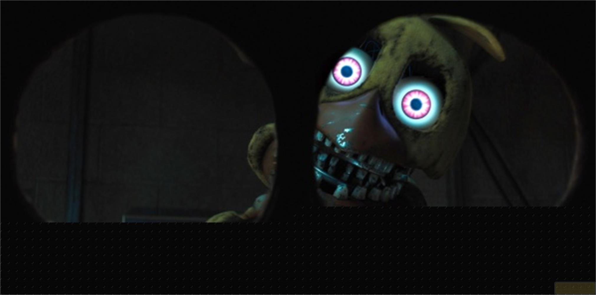 Una gallina animatronica gialla con occhi luminosi e denti metallici esposti.