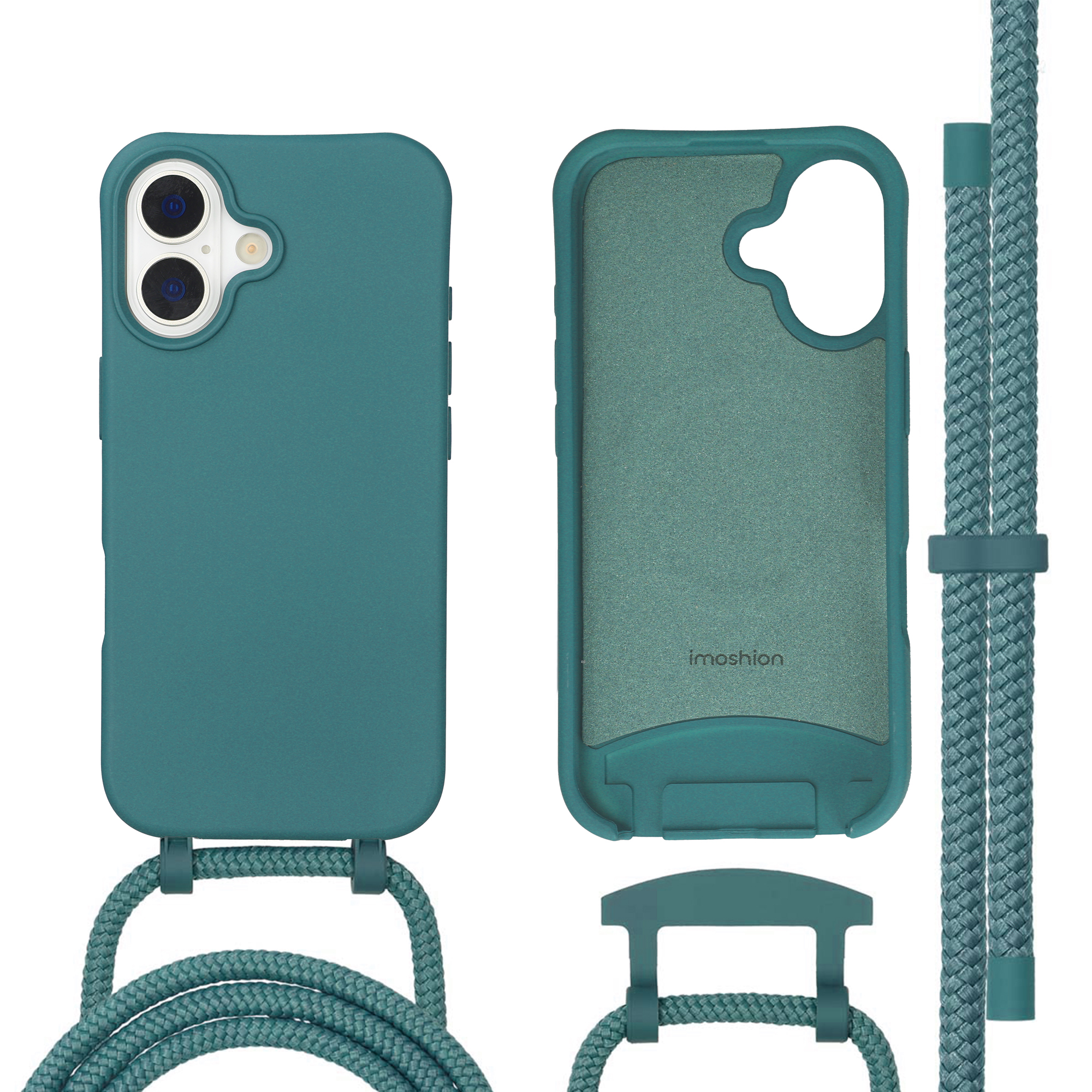 Une coque de téléphone bleu sarcelle à double caméra et cordon.