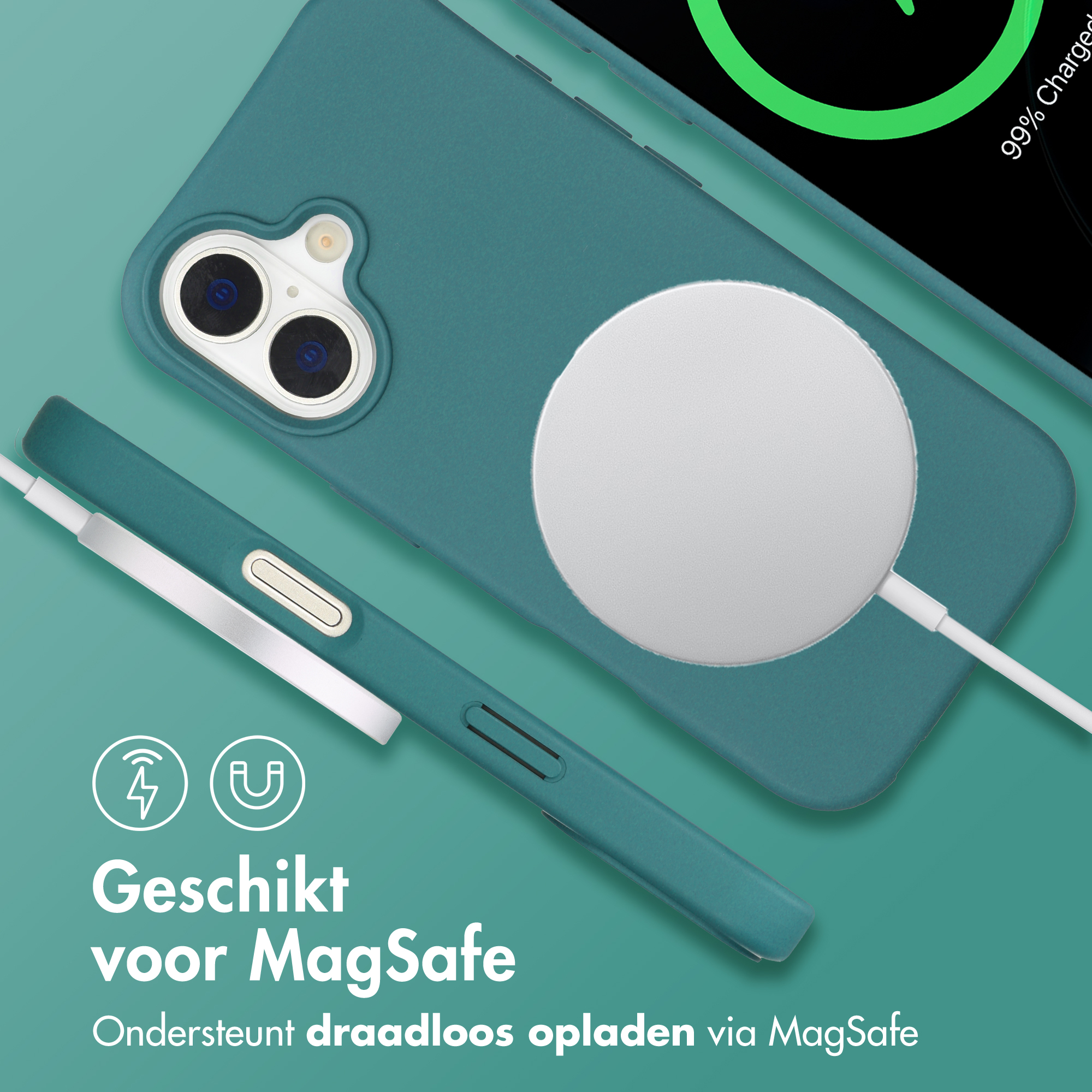 Coque de téléphone bleu sarcelle avec chargeur MagSafe et indicateur.