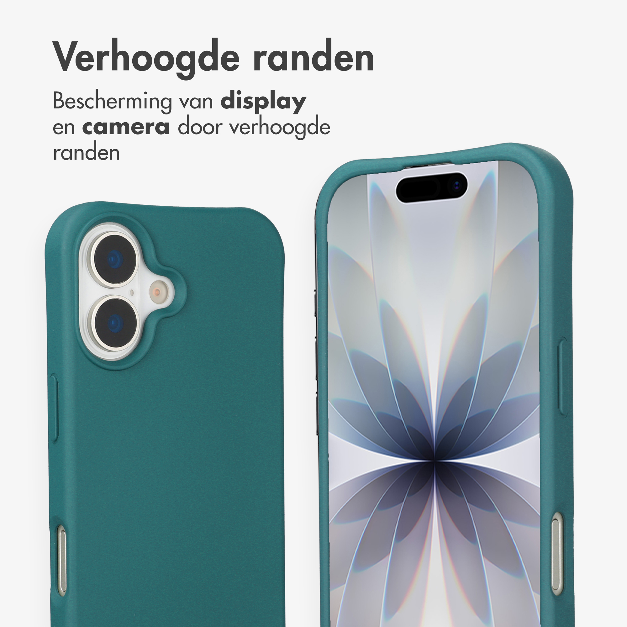 Deux coques de téléphone bleu sarcelle avec bords surélevés ; une montre l'arrière avec caméras.