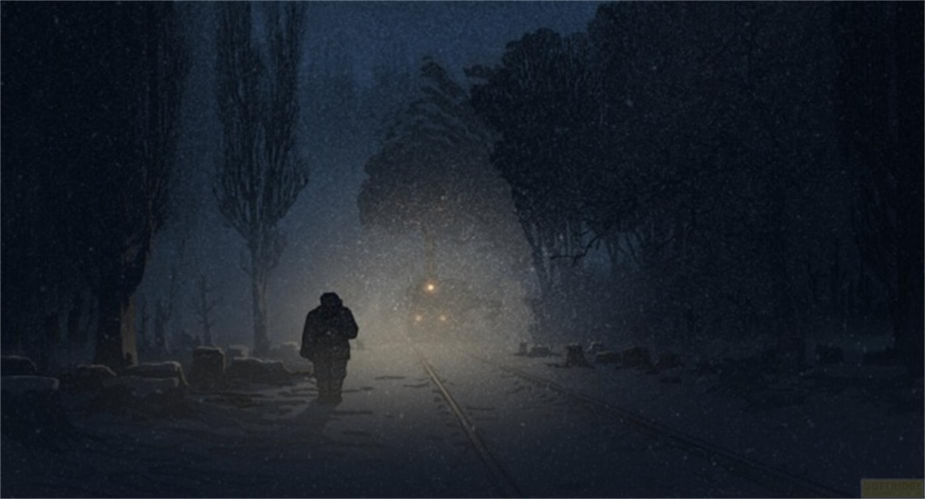 Eine Person geht auf Gleisen, während Schnee fällt. Ein Zug ist in der Ferne.