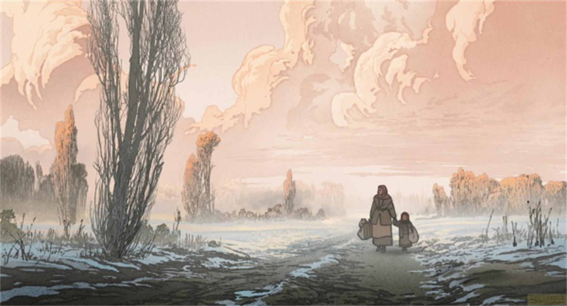 Zwei Personen, eine Frau und ein Kind, gehen auf einem verschneiten Weg.