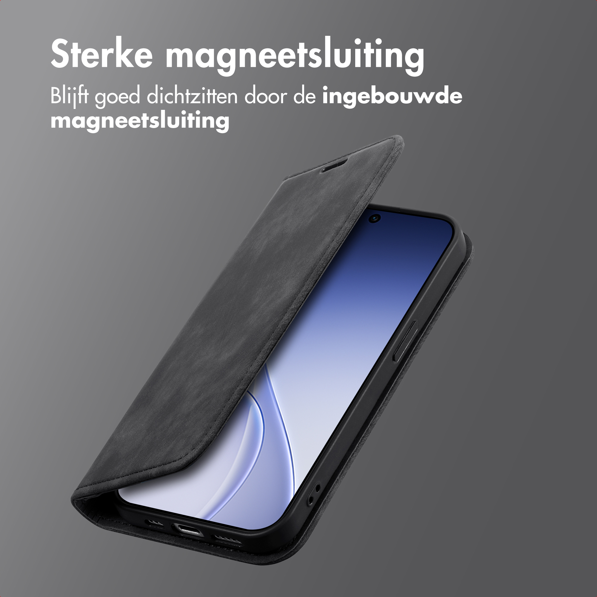 Un telefono nero in una custodia che si apre, rivelando lo schermo.