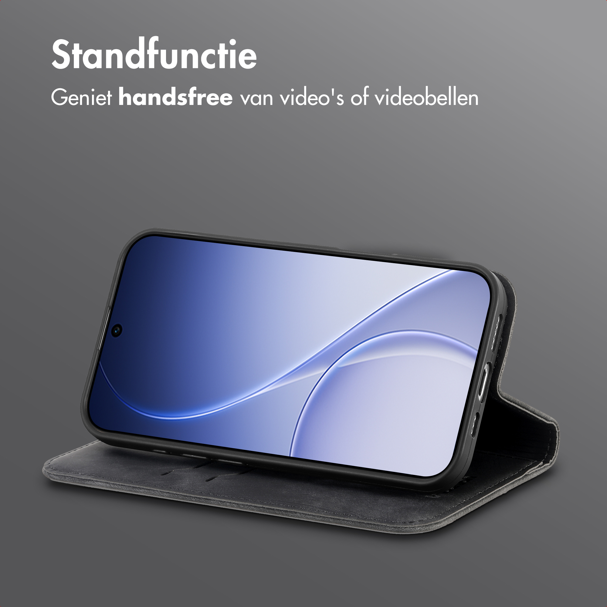 Uno smartphone in una custodia a libro nera che funge da supporto.
