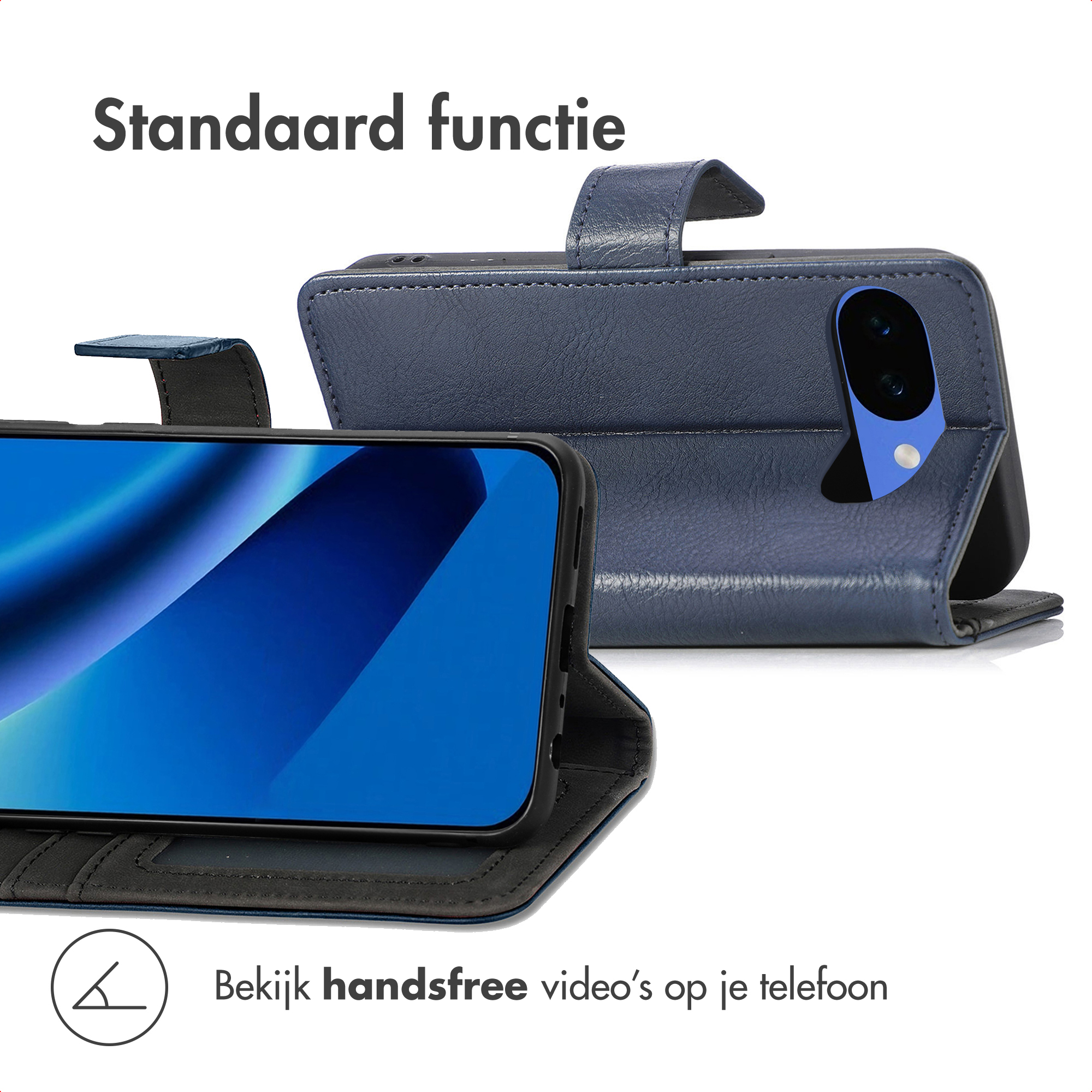 Donkerblauw telefoon flipcase liggend met standaardfunctie.