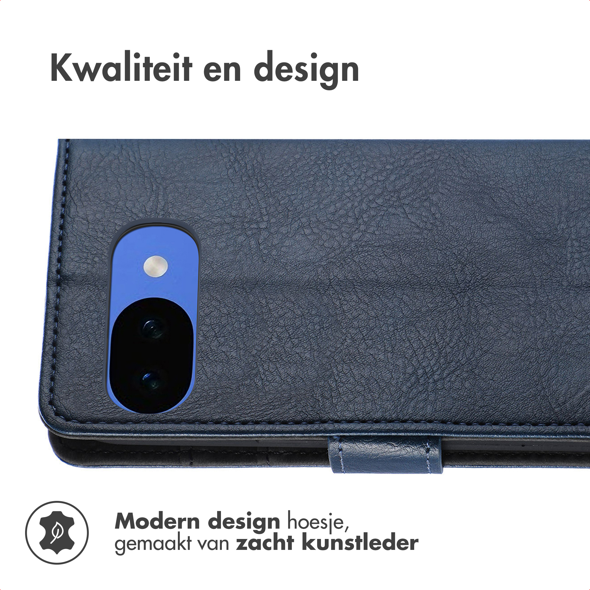 Donkerblauwe kunstleren hoes met camera-uitsparing en stiksels.