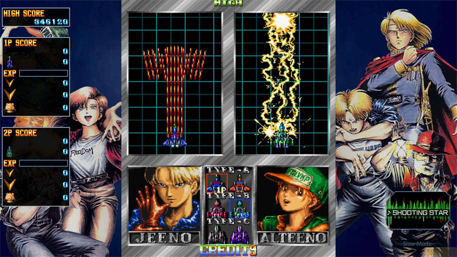 Schermata di gioco arcade con astronavi, personaggi e display punteggio alto.