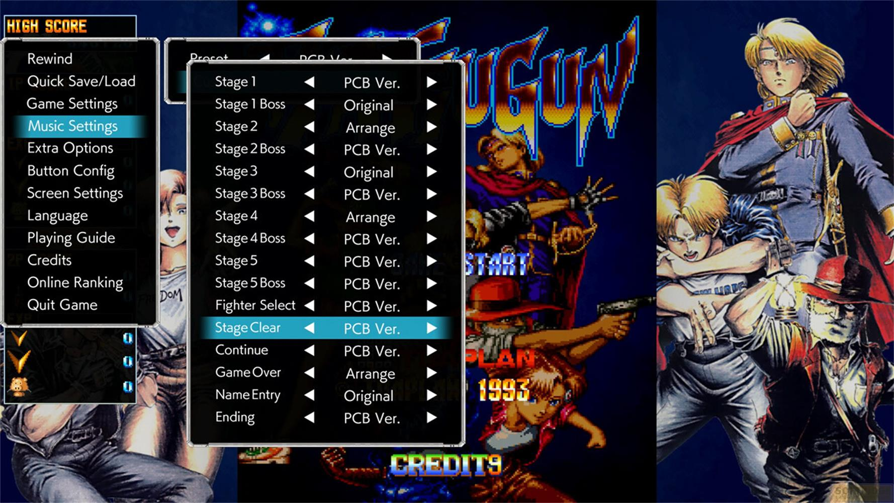 Un menu di gioco che mostra opzioni come Musica, Impostazioni e Livello chiaro.