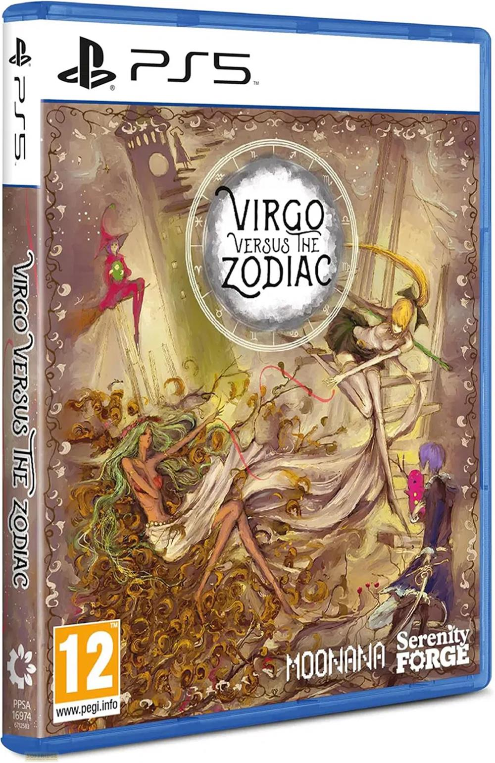 Custodia gioco PS5: Virgo vs. The Zodiac. Arte fantasy con personaggi, simboli zodiacali e una torre.