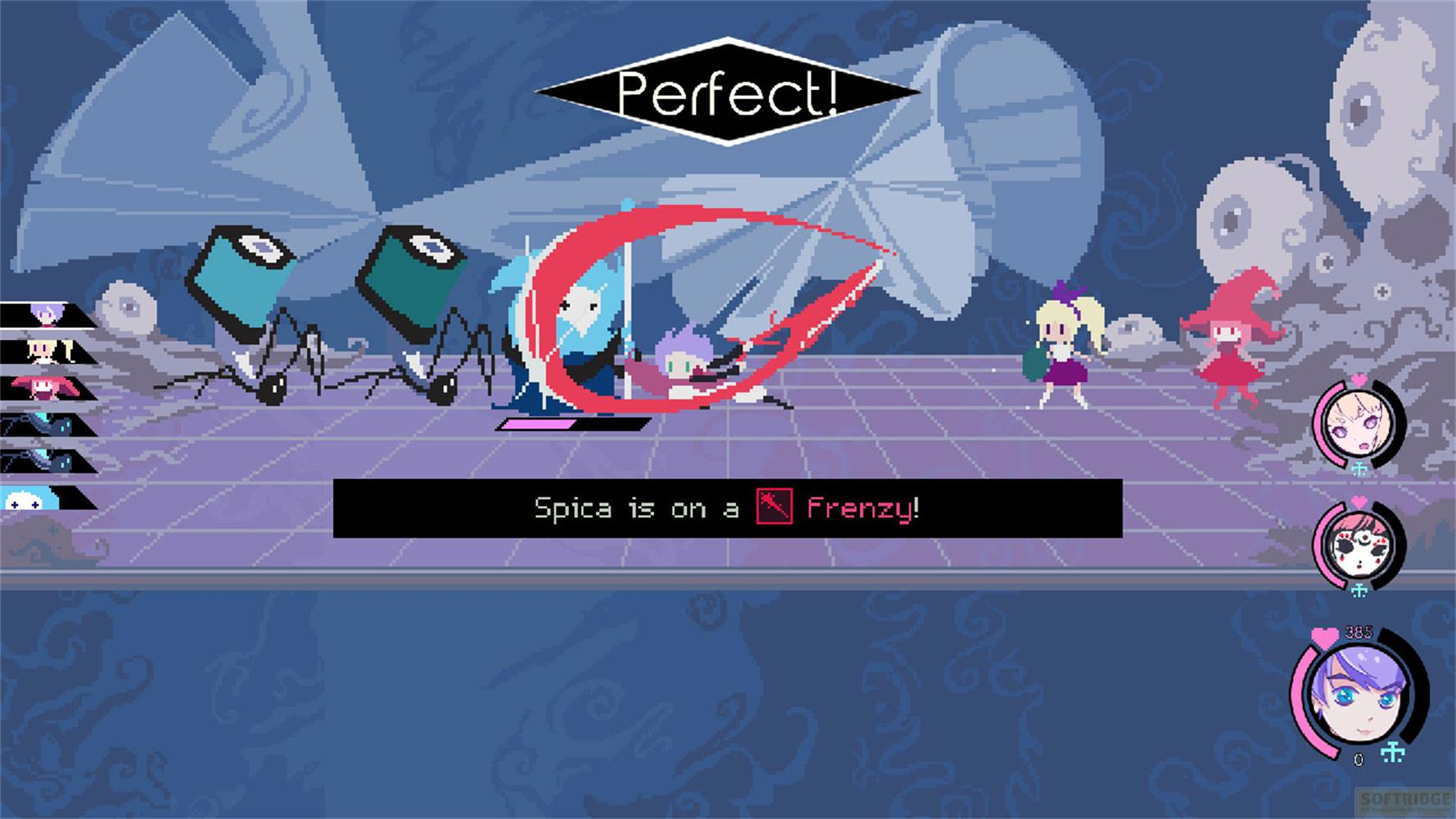 Scena di battaglia pixel art con personaggi anime e Spica in modalità "Frenzy".