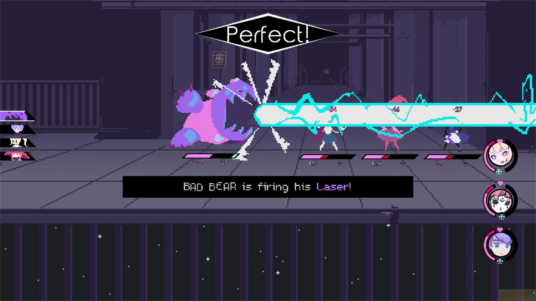 Un mostro viola spara un laser a tre personaggi in un gioco.