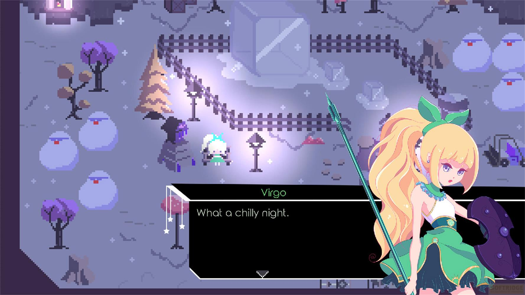 Scena pixel art con ragazza che tiene lancia e scudo. Alberi, luci e palle di neve.