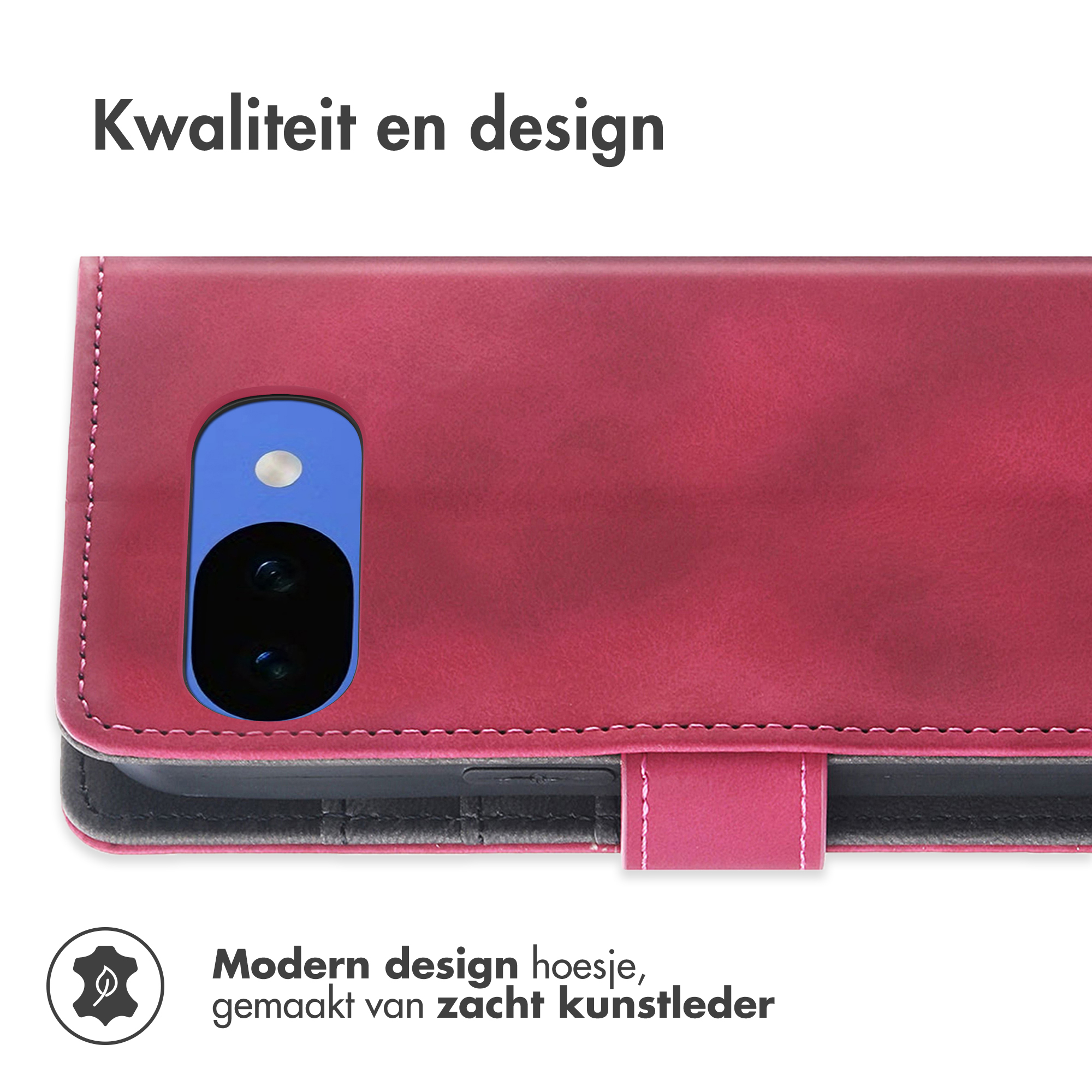 Rode kunstlederen telefoonhoes met camera-uitsparing en tekst.