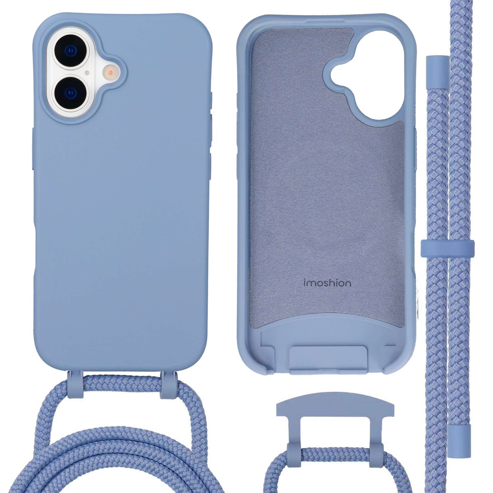Een blauwe telefoonhoes met cameralensbescherming en koord. Binnenvoering met logo.