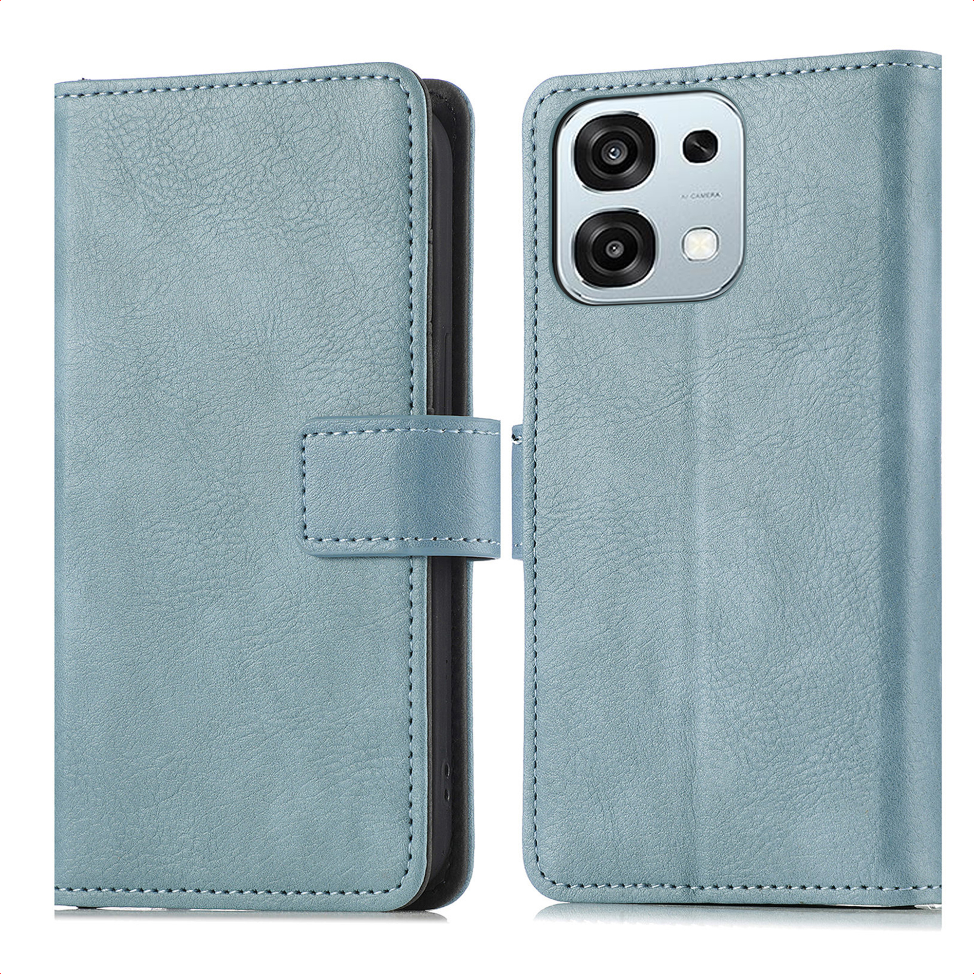 Un étui de téléphone à rabat en cuir bleu avec découpe caméra.