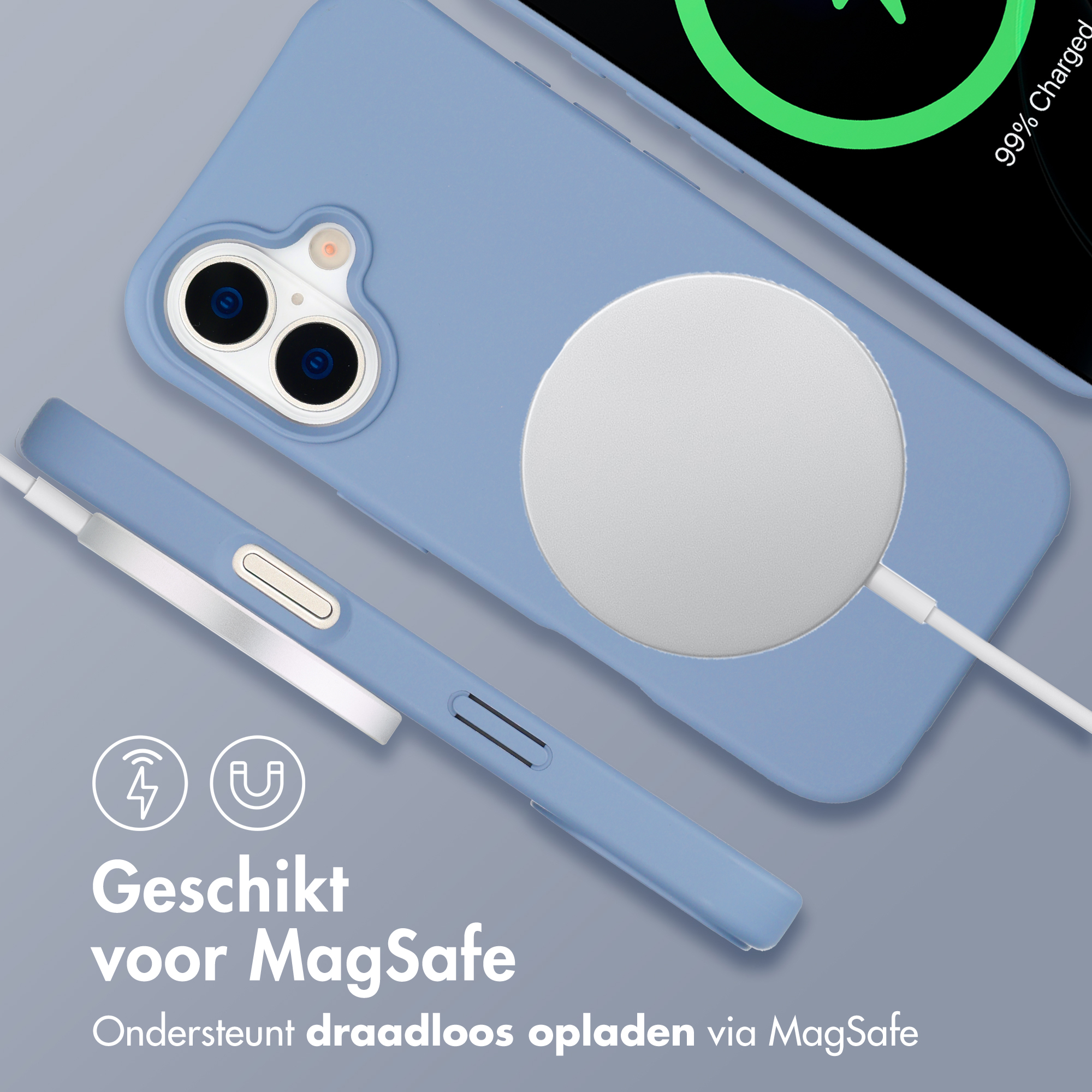 Blauw telefoonhoesje met MagSafe lader en tekst. 99% opgeladen.