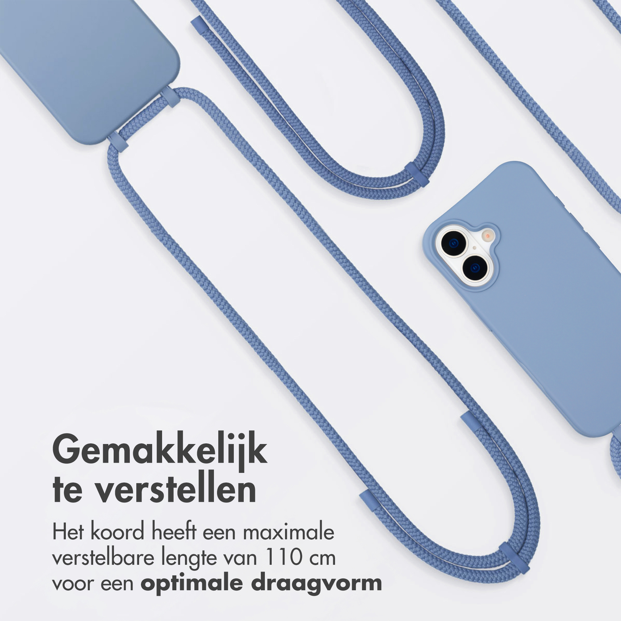 Blauw telefoonhoesje met verstelbaar koord. Maximale lengte 110 cm.