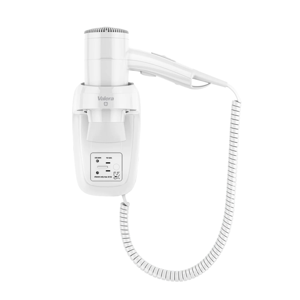 Biała suszarka do włosów Valera zamontowana na wsporniku ściennym.