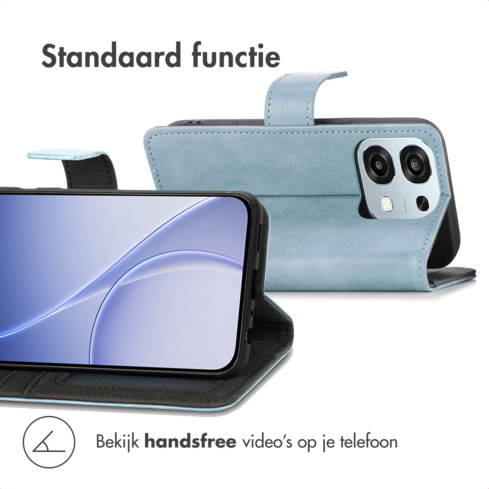 Un étui de téléphone bleu avec fonction support et vue caméra.