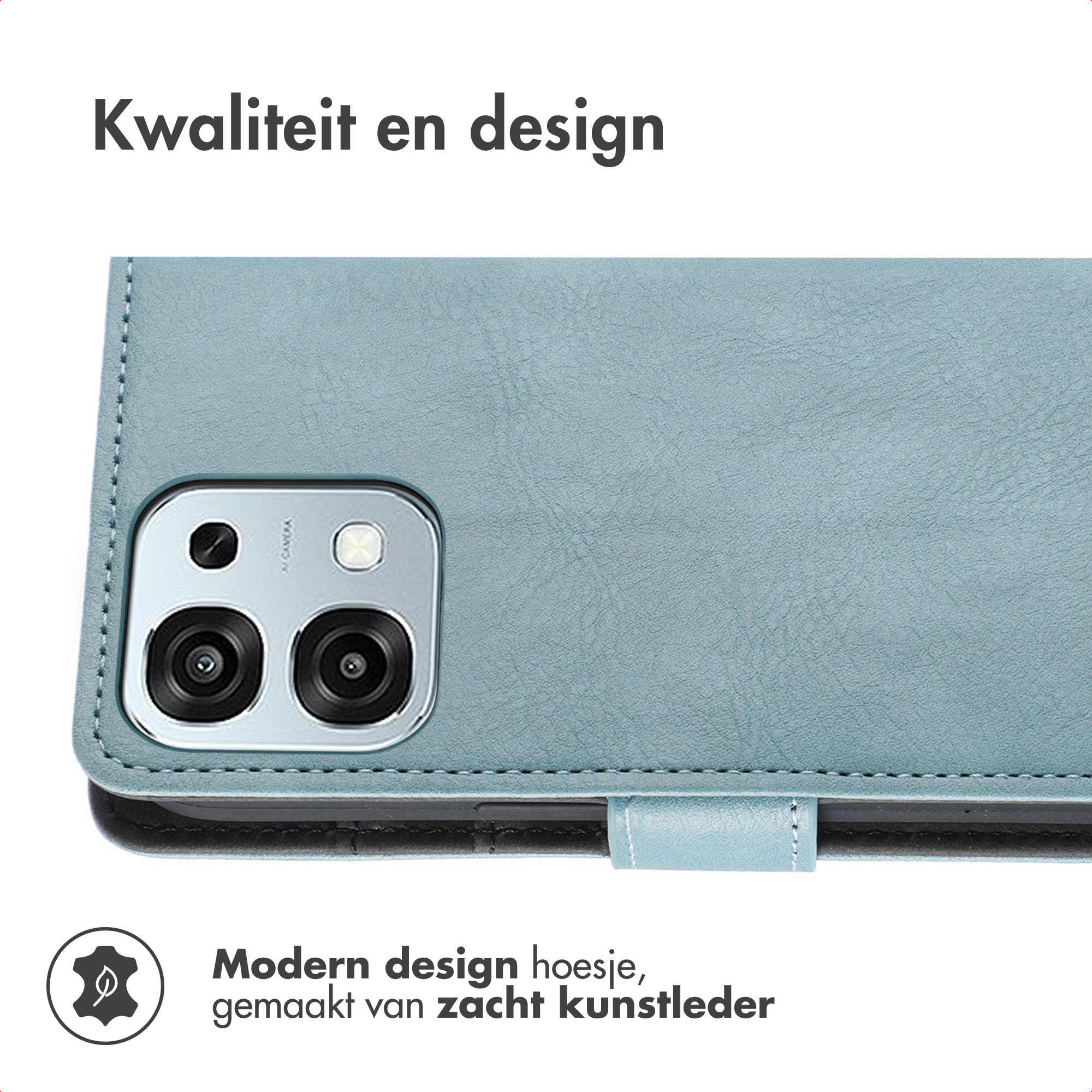 Un étui de téléphone bleu clair en similicuir avec module caméra.