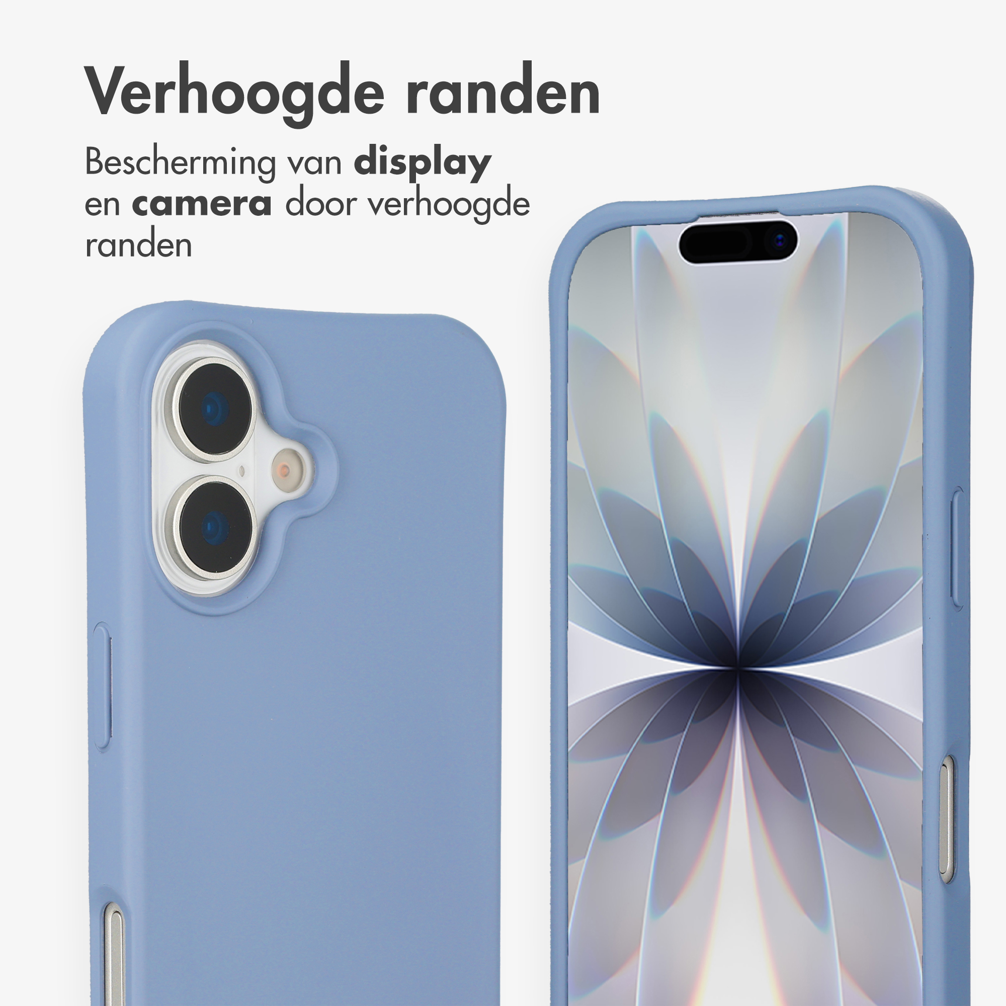 Blauwe telefoonhoes toont camera en display met verhoogde randen.