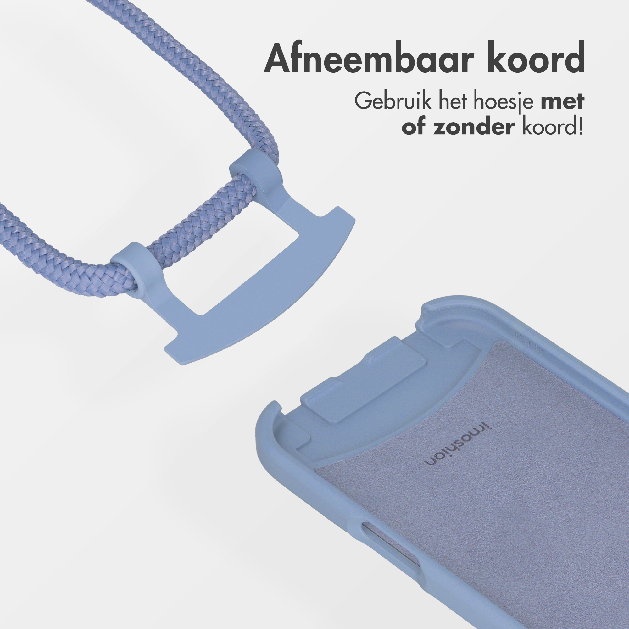 Een lichtblauwe telefoonhoes met afneembare koord en bevestiging.