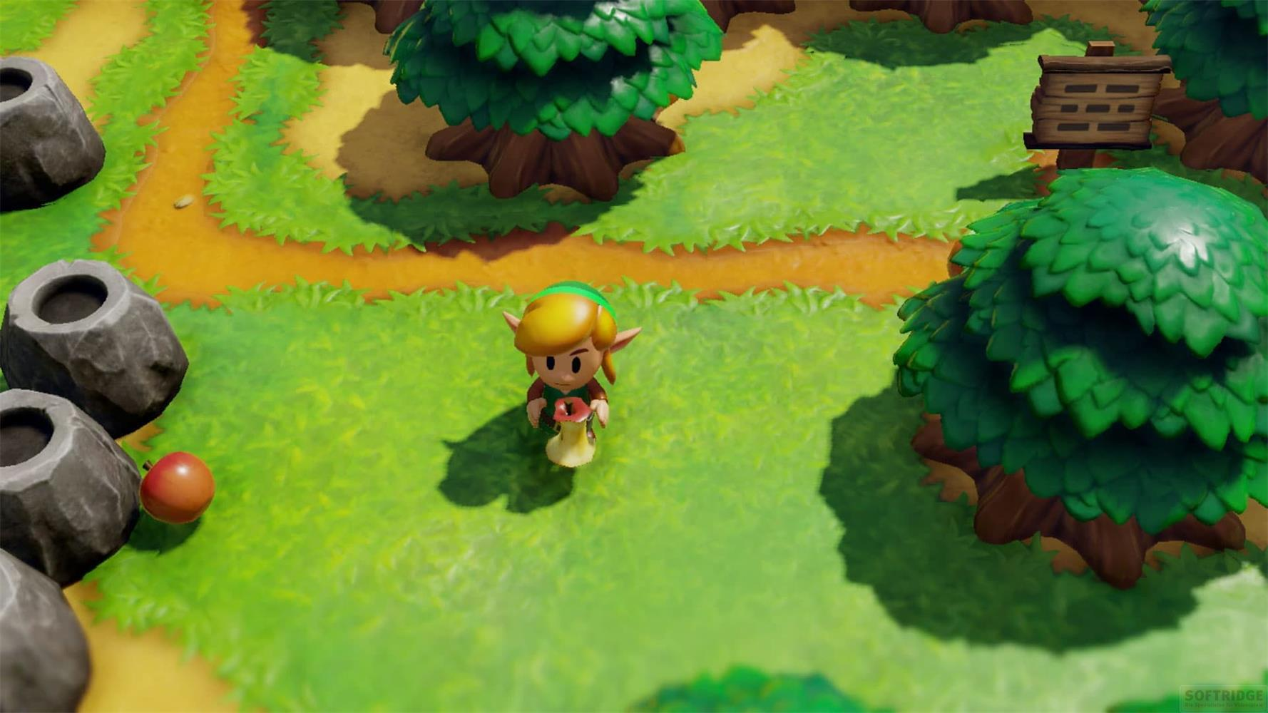 Link tiene un frutto rosso in una foresta verde con rocce e un cartello.
