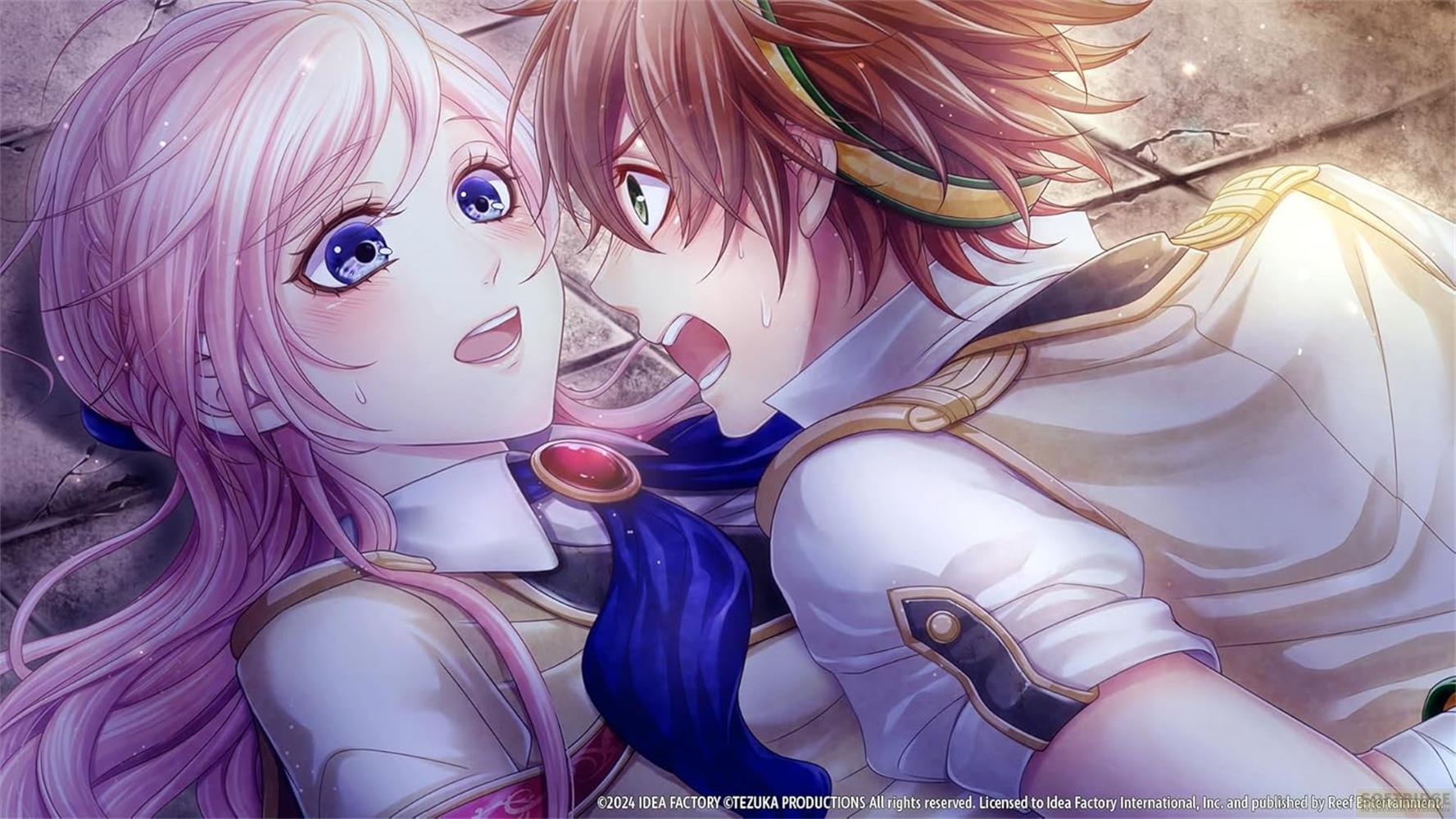 Ein anime-stilisiertes Bild von einem Mann und einer Frau mit rosa Haaren, die sich nahe sind.