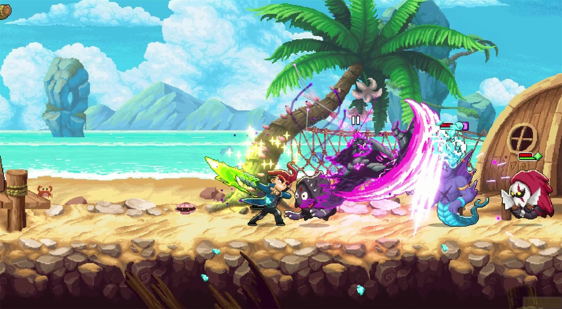 Battaglia pixelata sulla spiaggia con personaggi, armi ed effetti magici.