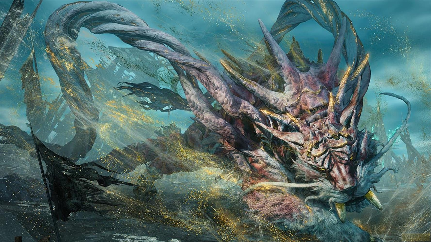Creatura simile a un drago con corna, tra polvere d'oro e cielo grigio-azzurro.