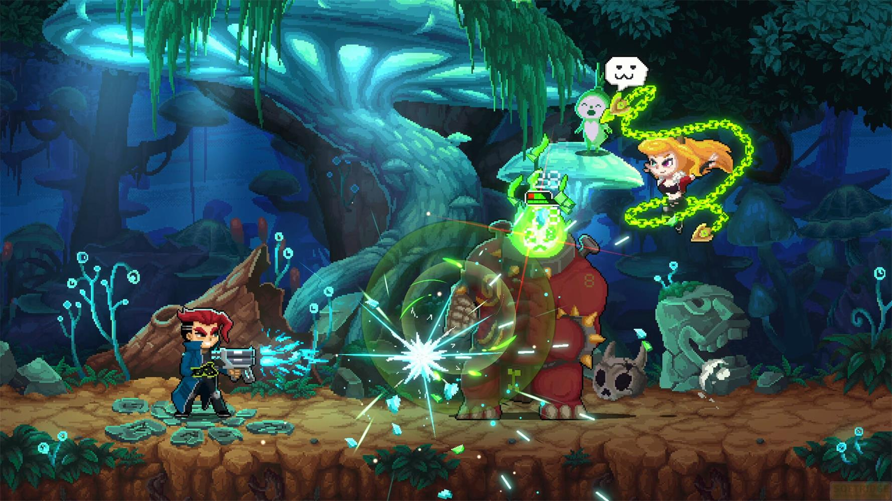Scena di battaglia pixel art con una creatura attaccata da due personaggi.
