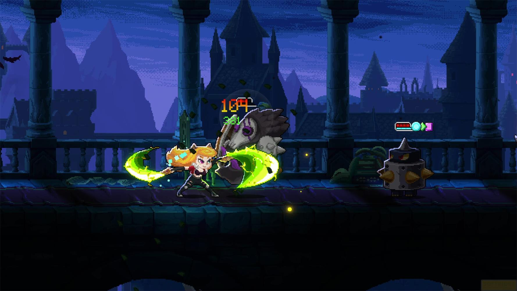 Un personaggio pixel art con falce verde combatte un mostro.