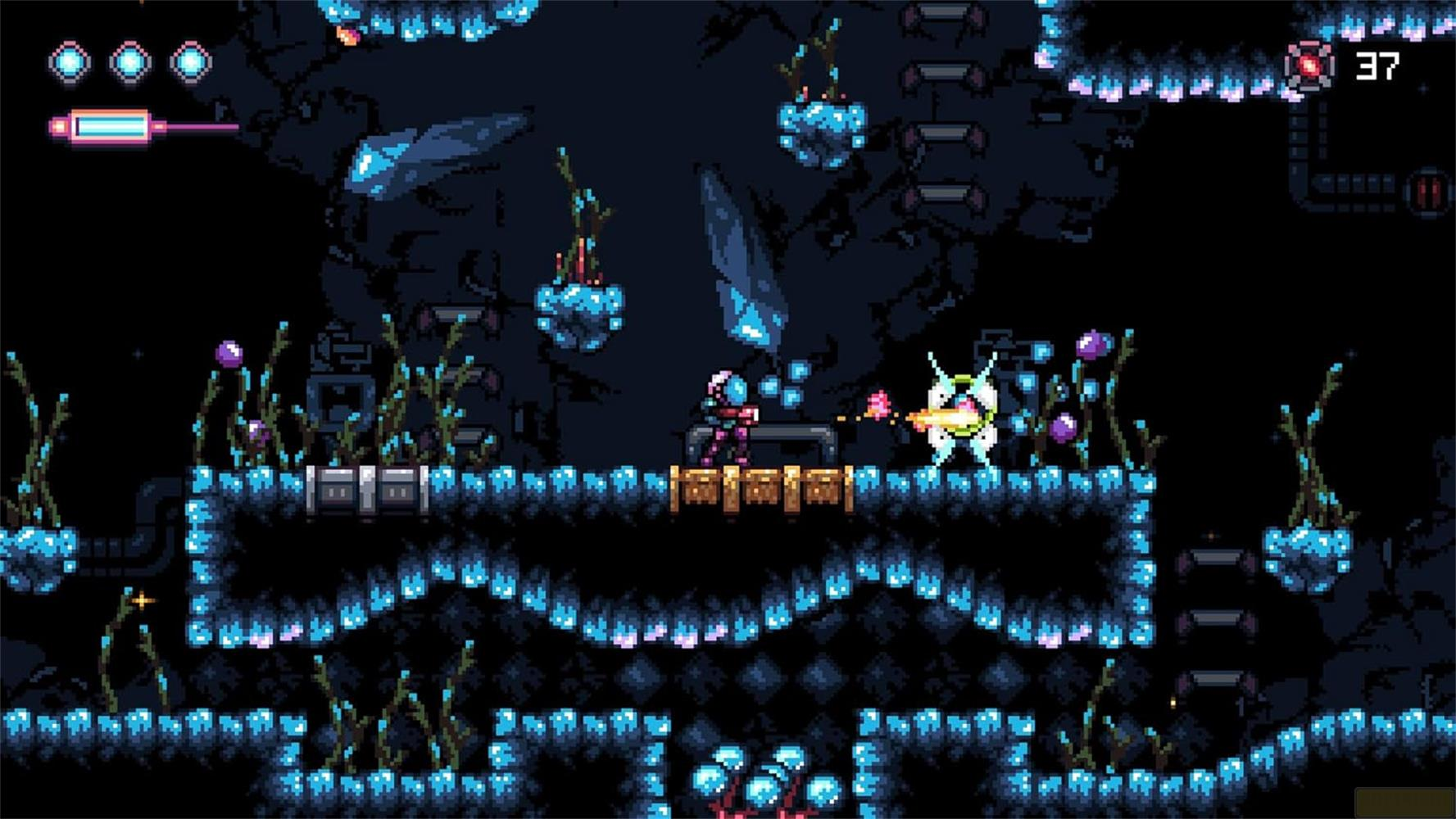 Gioco pixel art: Giocatore spara al nemico in grotta scura con cristalli blu.